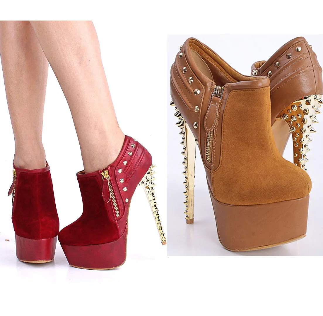 Sexy Red Orange Suede Gold Spikes High Platform Ankle Boots Super High Heel Side Zipper Night Club Woman Short Bottines