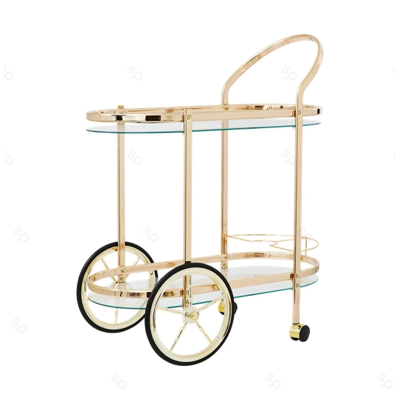 Simple Design Luxury Golden, round Metal Drink Trolley with Glass Afternoon Tea Drink Trolley