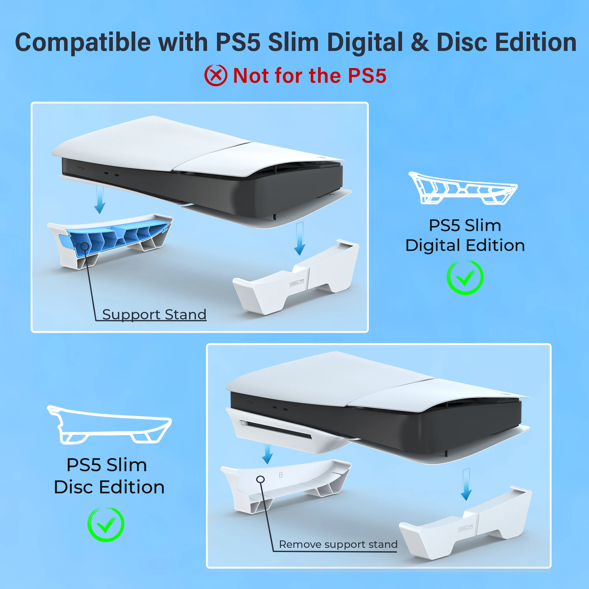 Horizontal Stand for PS5 Pro/PS5 Slim Console, Flat Base Stand Stable Accessories for PlayStation 5 Slim/Pro Disc & Digital Edition (Not for PS5) - view 4