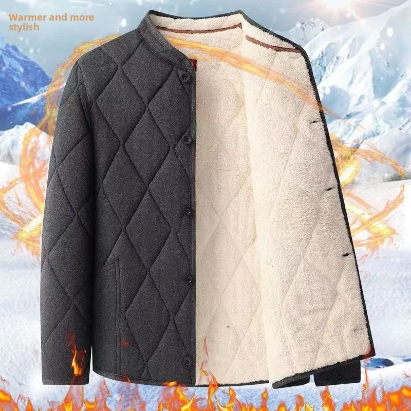 

Thiened Lamb Velvet Cotton Jaet for Dad Winter Warm Faion Ci Sle Long Sve Stand Collar Home Wear for Middle-Aged...