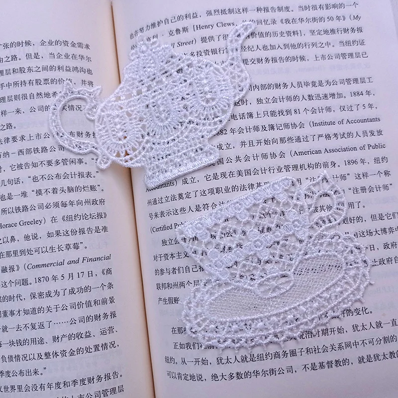 Creative Tea Cup Shape Embroidery European Style Teapot Tea Cup White Lace Bookmark Funny Gift Bookmark