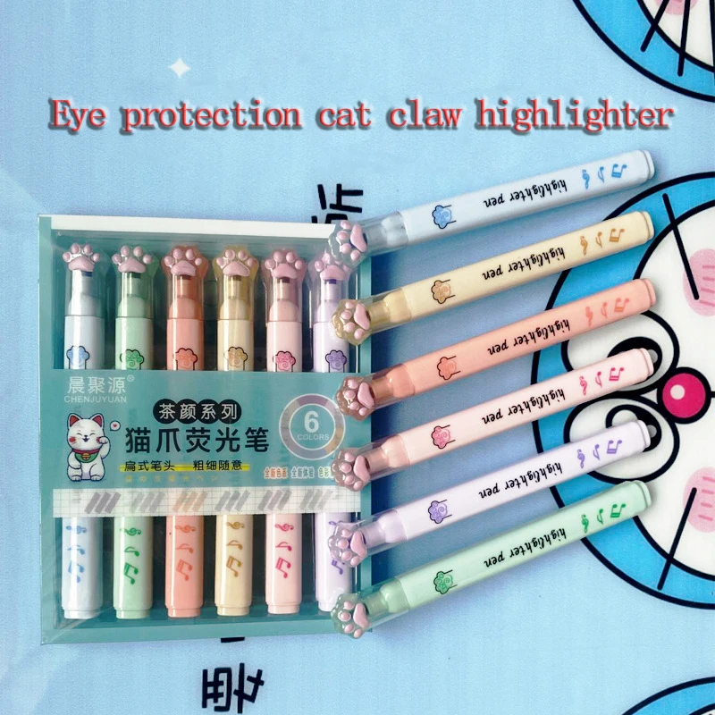 6 pz/set Cartoon Cat Paw Highlighter pennarello fluorescente studente arte disegno scarabocchi marcatura scuola ufficio cancelleria Kawaii