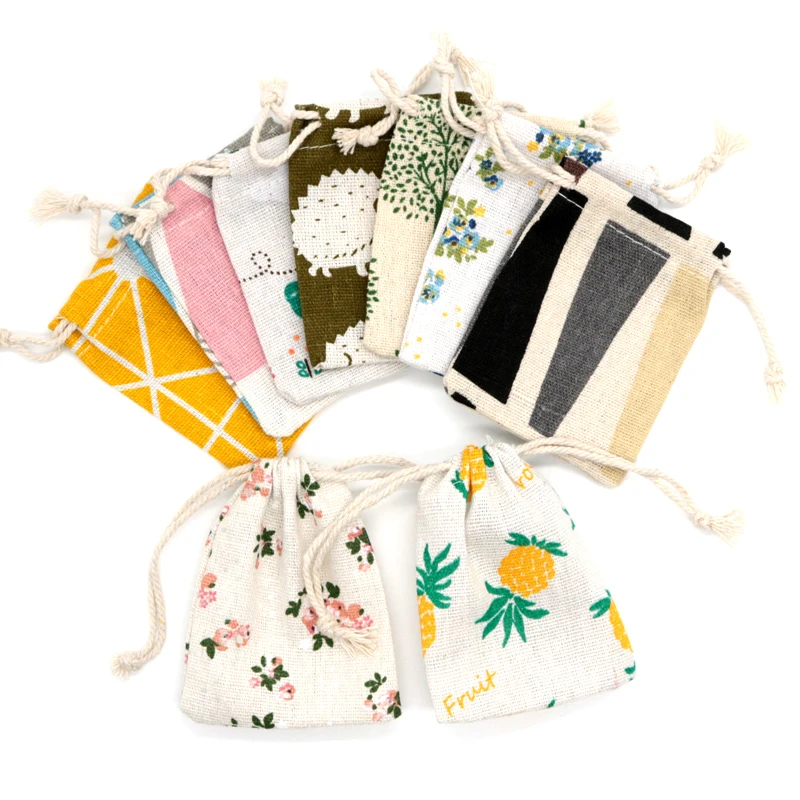 

50Pcs/Lot 10x14cm Drawstring Jewelry Pouches Bags Multi Designs Linen Cotton Bag Candy Gift Packing Fruit Vegetable Storage Bag