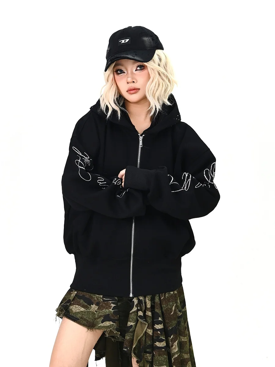 

Модный уличный кардиган-худи женский свободного кроя Весна 2026 с блестящими буквами, повседневная верхняя одежда