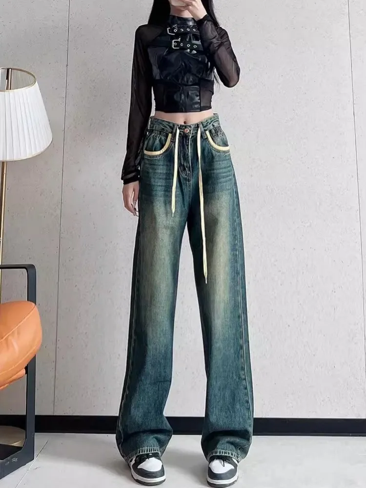 Vintage Women High Waist Denim Pants Drawstring Straight Loose Fit Hip Hop Casual Jeans High Street Spring New Female Trousers