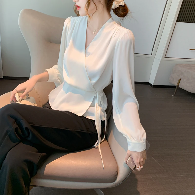 Elegant V-neck Lace-up Wrap Blouse Women 2022 Autumn New OL Ladies Slim Waist Bandage Blouses Shirt Long Sleeve Top Chiffon Tops