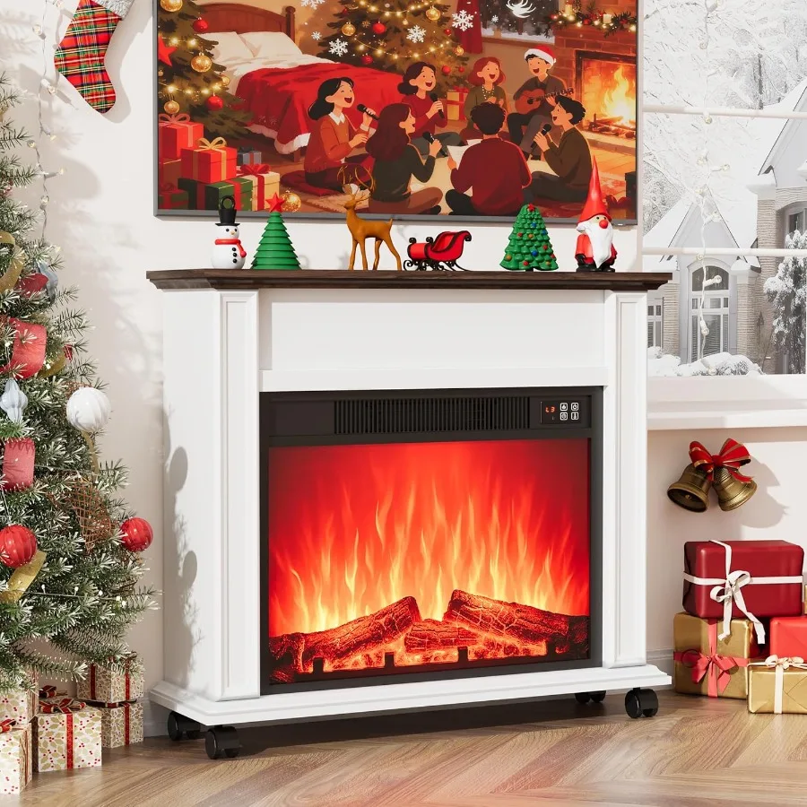 مدفأة كهربائية مع رف المزرعة، مواقد كهربائية، حامل تلفزيون، مدفأة بيضاء، مركز ترفيه مع سخان 23 بوصة