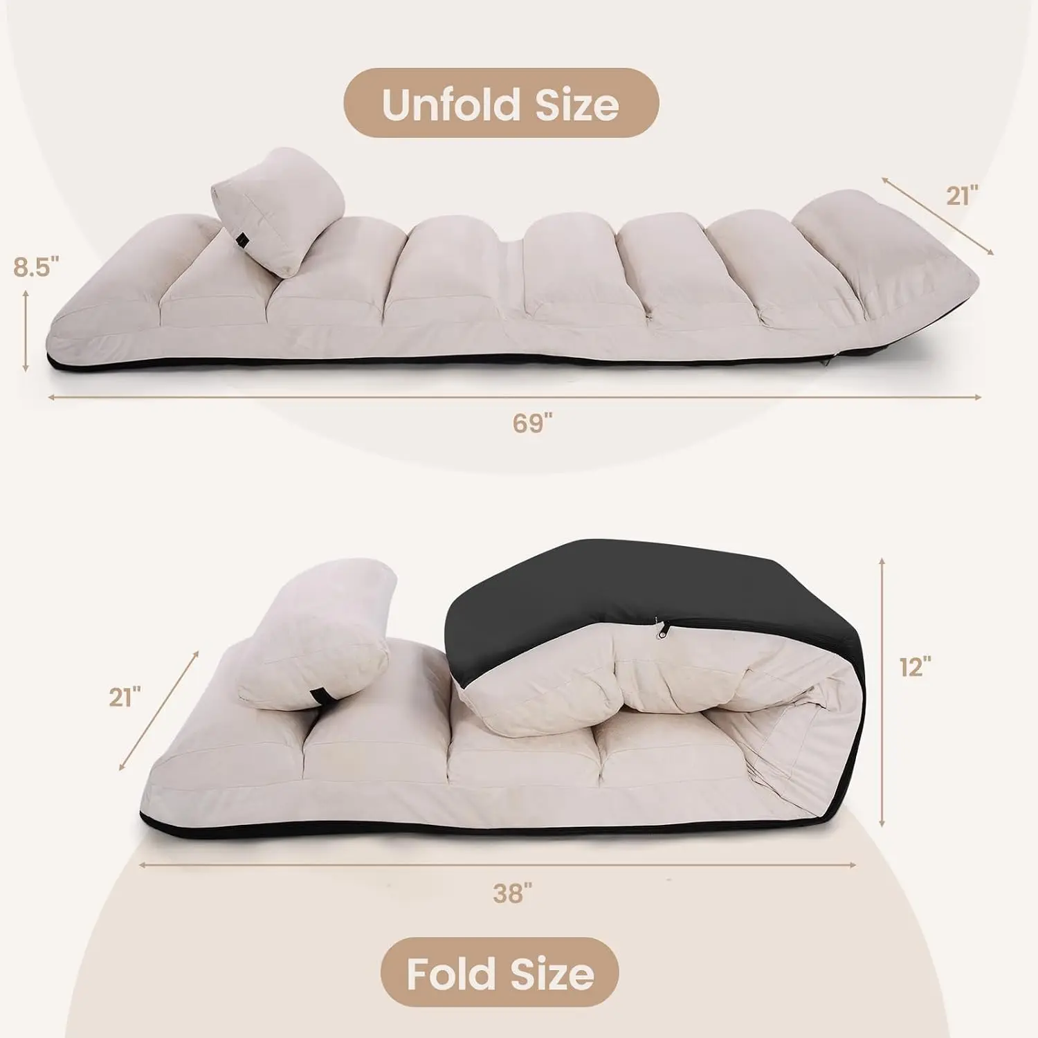 Foldable Floor Sofa with Pillow, Lounge 5 Adjustable Positions, Back Support & Footrest, Gaming Chair Home Office, Customized