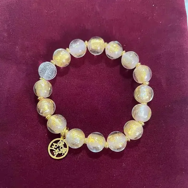 Gold Foil Colored Glaze Bracelet Pink White Crystal Scripture Men's and Women's Increased Lucky Bead Hand String Jewelry Gift