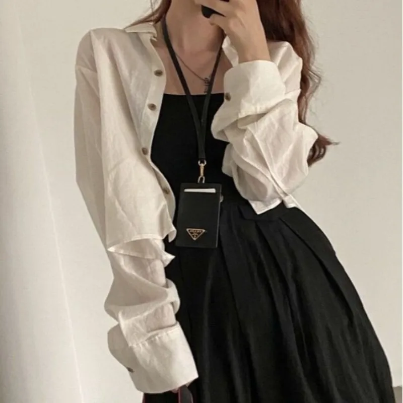 QWEEK White Loose Short Shirt Woman Korean Fashion Casual Youthful Long Sleeve Blouses Summer Button Up Clothes Streetwear 2024