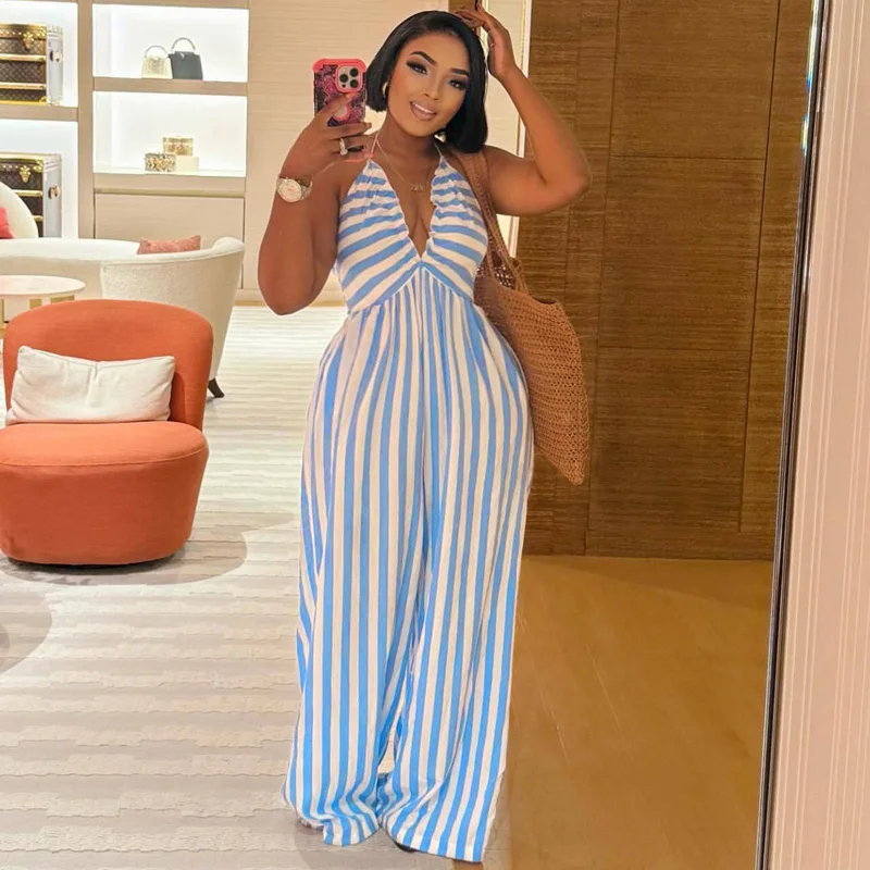 

African Fashion Women Casual Jumpsuit Striped Printed V Neck Sleeveless Hollow Out Back Wide Leg Jumpsuits