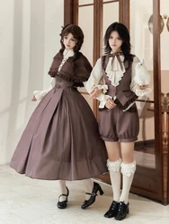 Vintage Fake Five Piece Women Lolita Dress Set Elegant Retro Vest Shorts Set  Shawl Cloak Lolita Shirt  Hat Necklace Bow Brooch