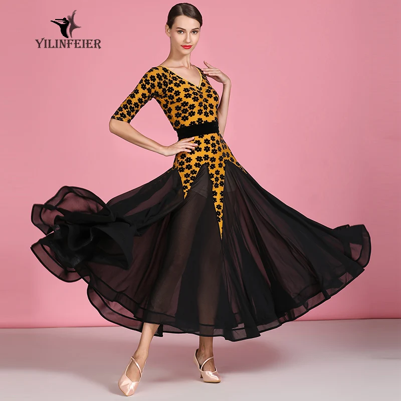 Modern National Standard Dance Dress Velvet Medium Sleeve Social Ballroom