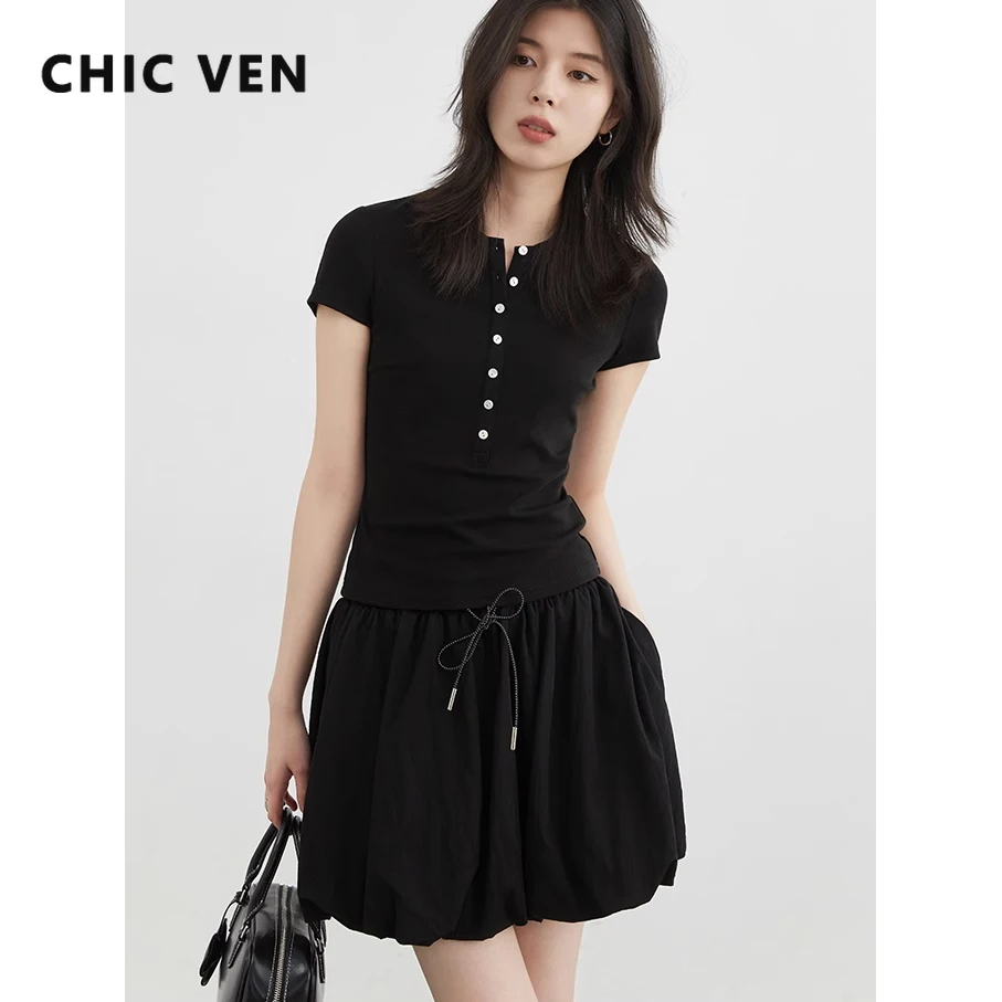 

CHIC VEN Women Summer T-Shirts Solid Slim New Short Sleeved Tees Slim Fit Female Top Summer 2025
