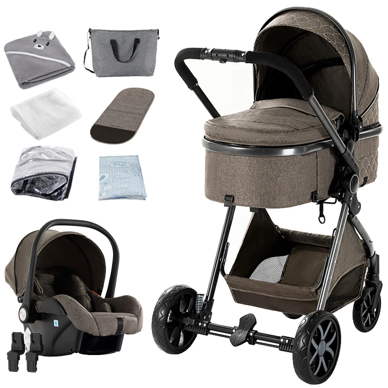 Compacte 3-in-1 babywandelwagen, kinderwagen, reissysteem met ruimtebesparende vouwfunctie, éénhands inklapbaar, lichtgewicht frame, ademende stof, extra grote kap, zachte newborn-voering,