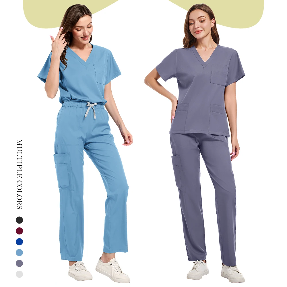 Set bedah seragam Scrub Rumah Sakit Wanita setelan uniseks warna Solid gaun bedah saku V-neck setelan Jogger harga grosir