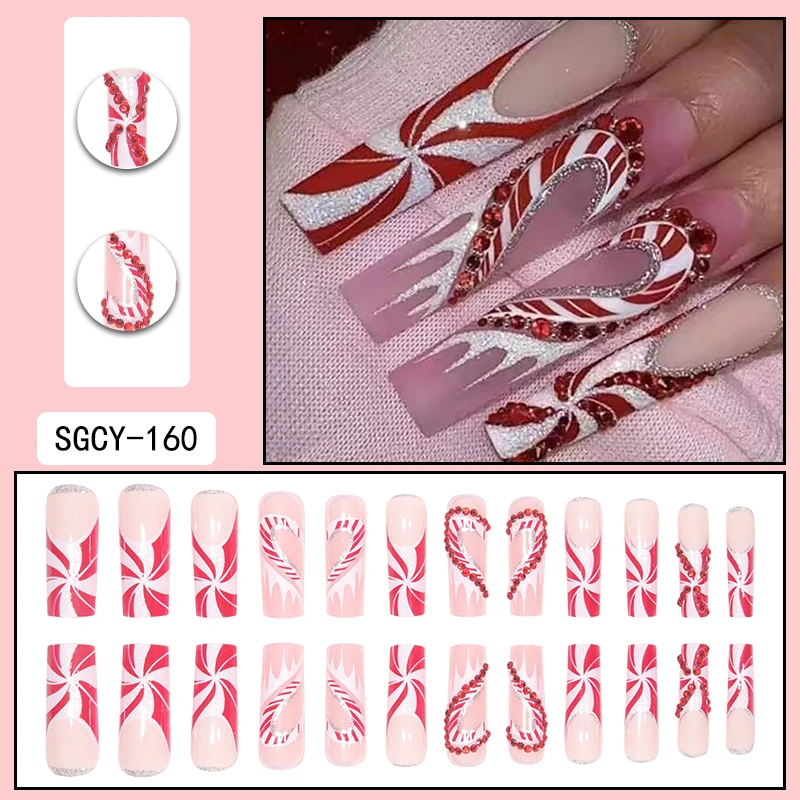 24pcs Christmas Candy Cane Wearable Nails, Red Rhinestones with Silver Edges, with Tools