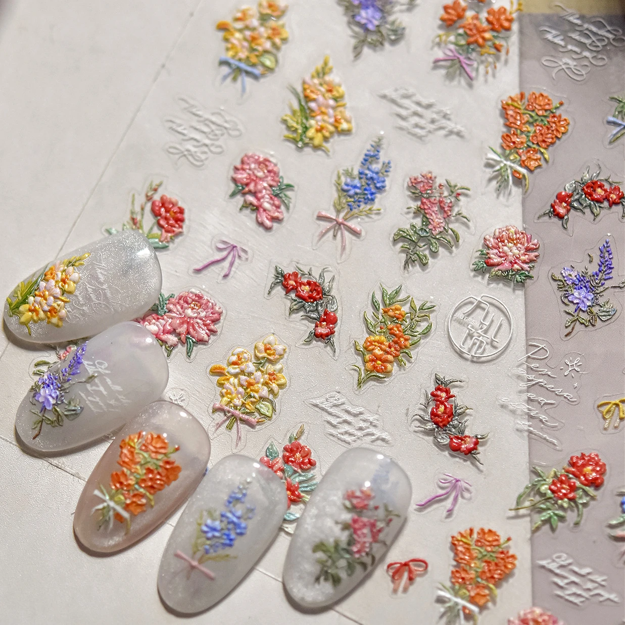 

Dried Flower Lavender Bowknot Peony Pomegranate Flowers Bouquet Rose Chic Reliefs Self Adhesive Nail Art Stickers Manicure Decal