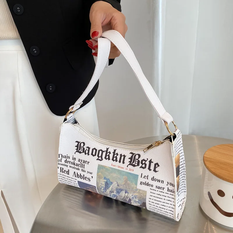 

Fashion Women Newspaper Letter Printing PU Leather Shoulder Underarm Bag Casual Ladies Small Purse Buckle Handbags