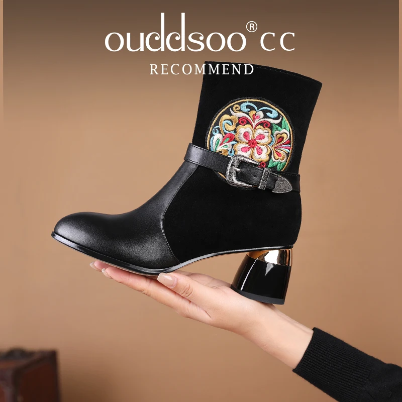 

ODS Embroidery Leather Ankle Boots Women Shoes Pointed Toe Ladies Chinese Ancient Genuine Leather Women Knight Boots Big 414243