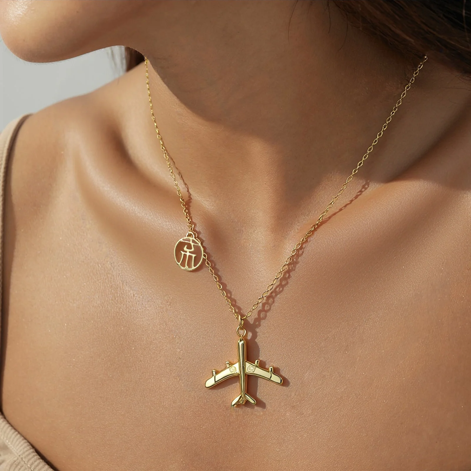 women fashion necklace 1pc unique airplane shape with fu character tag golden clavicle chain niche versatile style