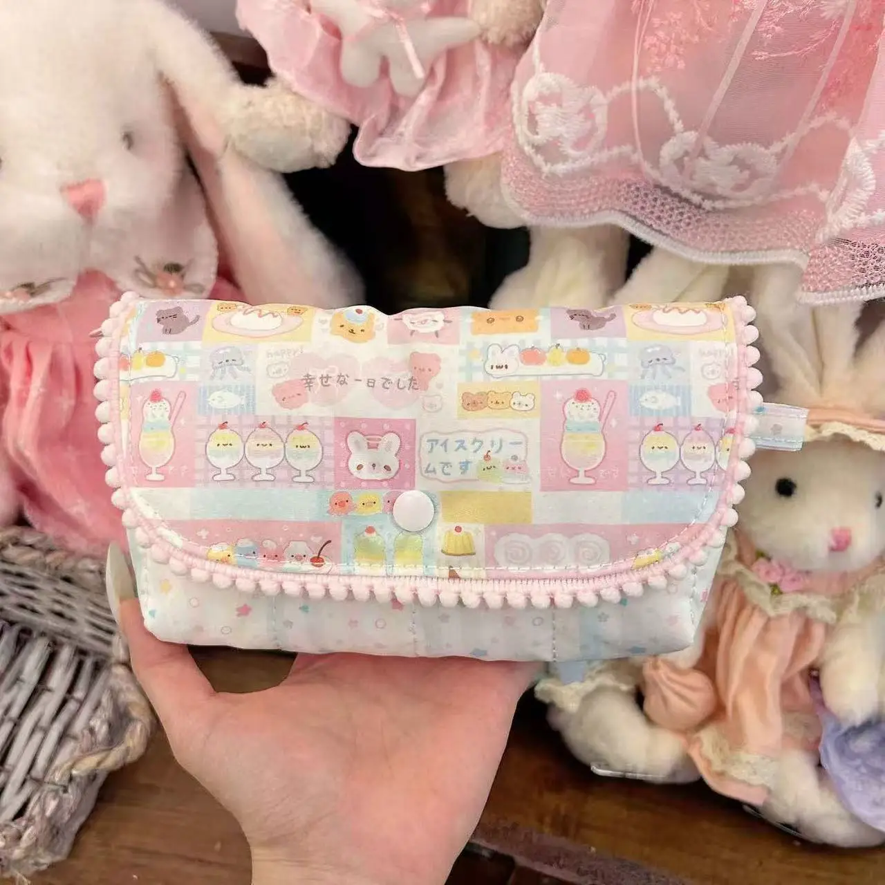 Korean Style Dessert Rabbit Print Pencil Case Flap Button-down Large Capacity Pencil Pouch Multifunctional Stationery Pouch Gift