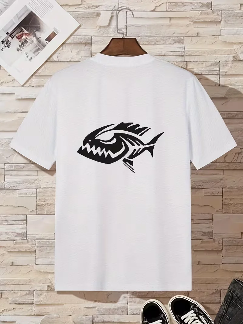 Trendy Tribal Fish Print Crew Neck T-Shirt, Back Graphic Short Sleeve Top, Streetwear Oversized Tee for All Occasions