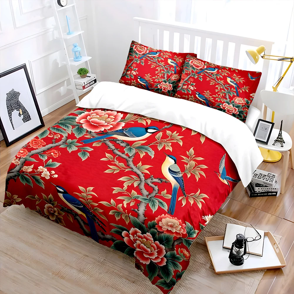 Birds and Flowers on Red Pattern Duvet Cover Set Digital Print Colorful Polyester Bedding with Zipper Closur for kids gifts
