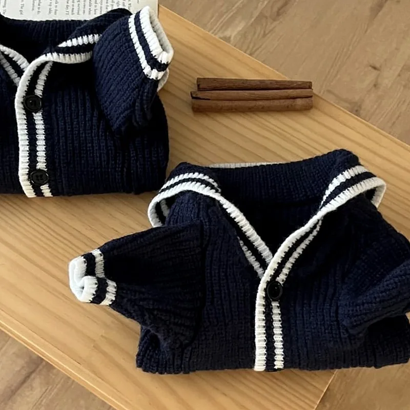 Navy-collar Pet Sweater Autumn/winter Collection Teddy  Knitted Sweater Maltese Two-legged Clothes Sweet Dog Button-down Cardiga