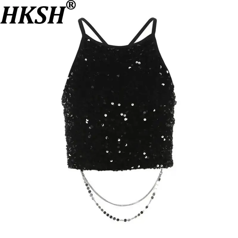 

Женский сексуальный укороченный топ HKSH с открытой спиной, пайетками и цепочками, облегающий, на бретельках, шикарный, роскошный, в стиле панк, повседневный, летний, HK22753
