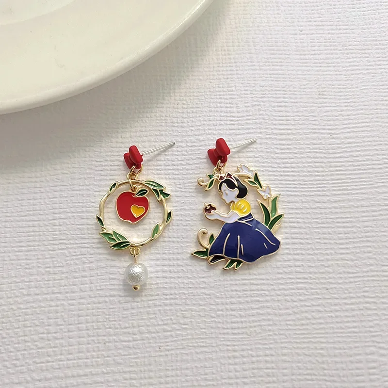 S925 Needle Cartoon Fairy Tale Red Apple Princess Snow White Earrings Sweet Bow Asymmetric Cinderella Drop Earrings for Women