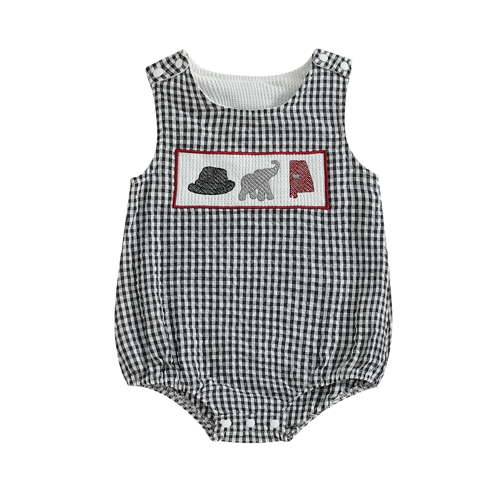 

Комбинезон в клетку для маленьких мальчиков, летние комбинезоны без рукавов с вышивкой слона/регби и круглым вырезом