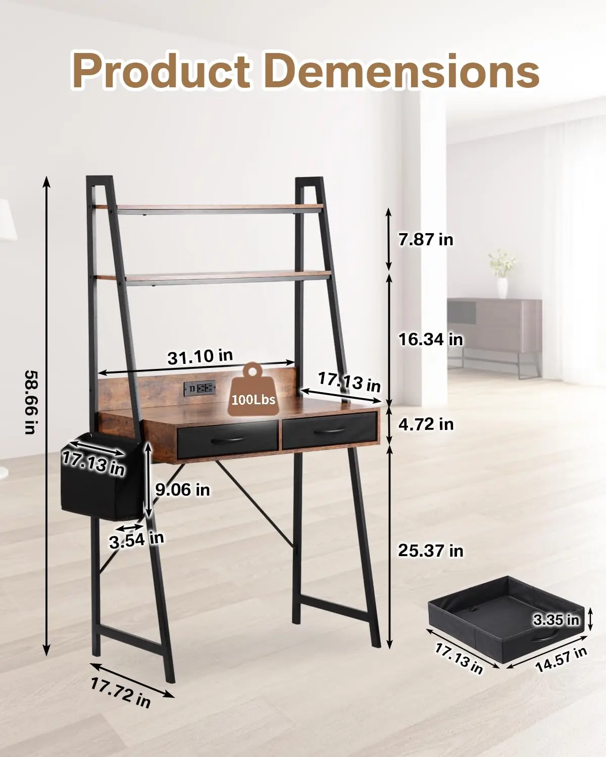 Ladder Desk With Power Outlets, 2 Drawers & Side Bag, Small Home Office Computer Gaming Vanity Table, Dark Brown, Customized