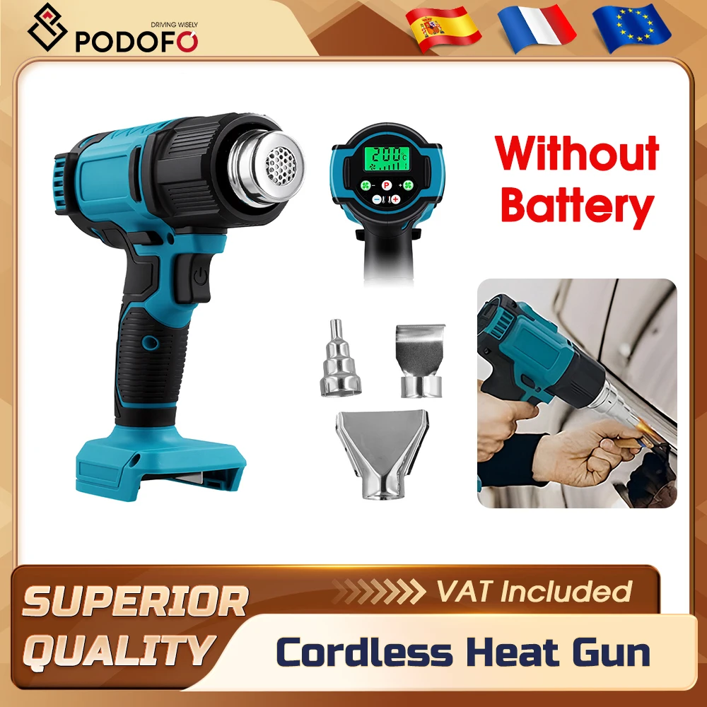 Pistola de Calor Inalámbrica Podofo de 18 V, Temperatura de hasta 550 Grados ° Pistola de Calor con Batería C para Soldadura, Secado y Eliminación de Color, para Batería de 18V