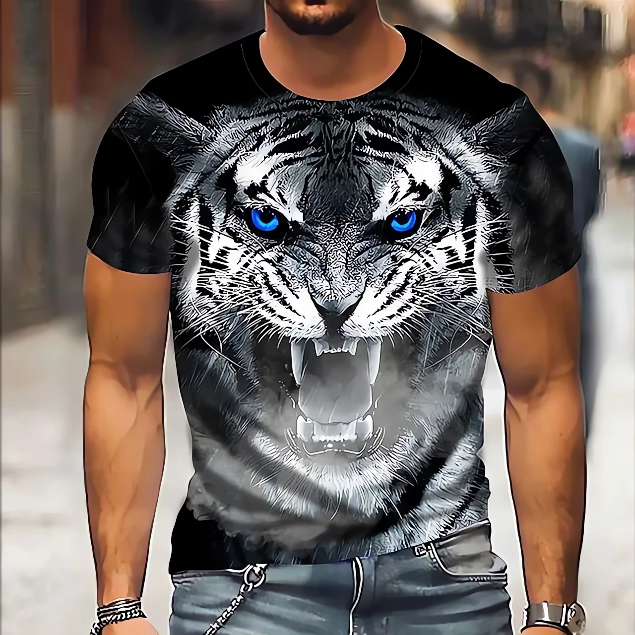 3D Printed Tiger Pattern T-shirt Top Fashion Men\'s Animal Pattern T-shirt Super Street Headwear Round Neck Fashion Clothing