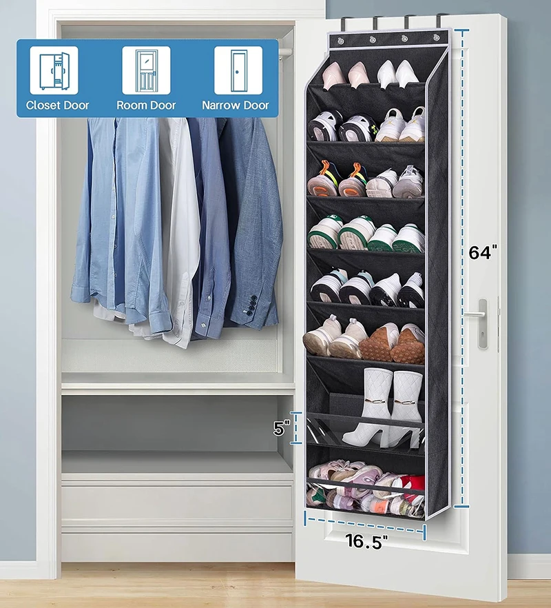 Multi-pockets Wall Storage Bag Large Over Door Hanging Shoe Organiser Behind Doors with 4 Metal Hooks Shoes Rack Storage Bags