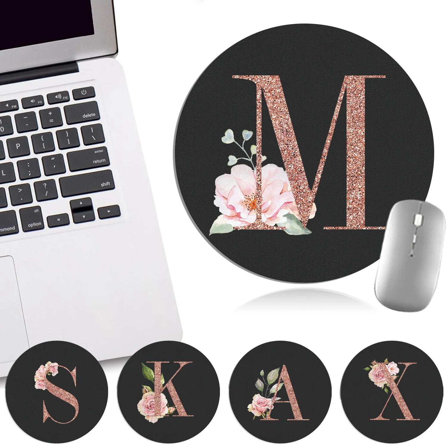 Rose gold floral letter round mouse pad Alphabet Floral Surname Pattern Circle Portable Rubber desk mat desktop decoration