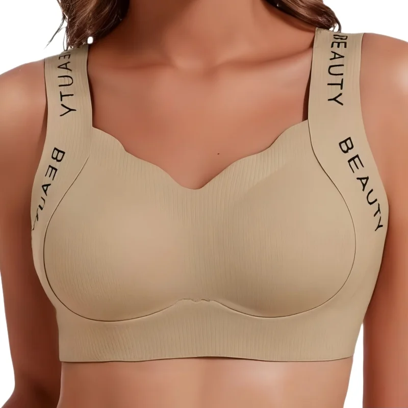 Gerippte BHs, Drahtloser BH für Damen, Nahtlose Unterwäsche, Übergrößen, Wellenförmiger Ausschnitt, Breiter Träger, Buchstabendruck, Stützender Sexy Lingerie, Größen M-3XL – Detail 8