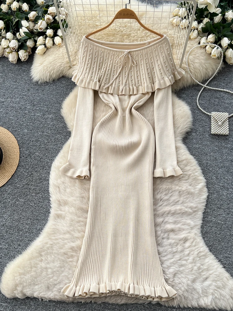 

Женское абрикосовое вязаное вечернее длинное платье с разрезом на шее, винтажное элегантное вечернее платье с длинными рукавами Y2k, цельные платья, одежда на осень