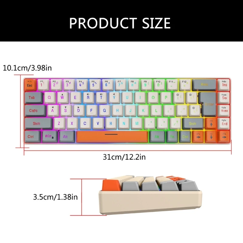 Teclado para jogos ARGB Backlits 68 teclas, teclado ergonômico com fio USB com USB tipo C removível para usuários PC