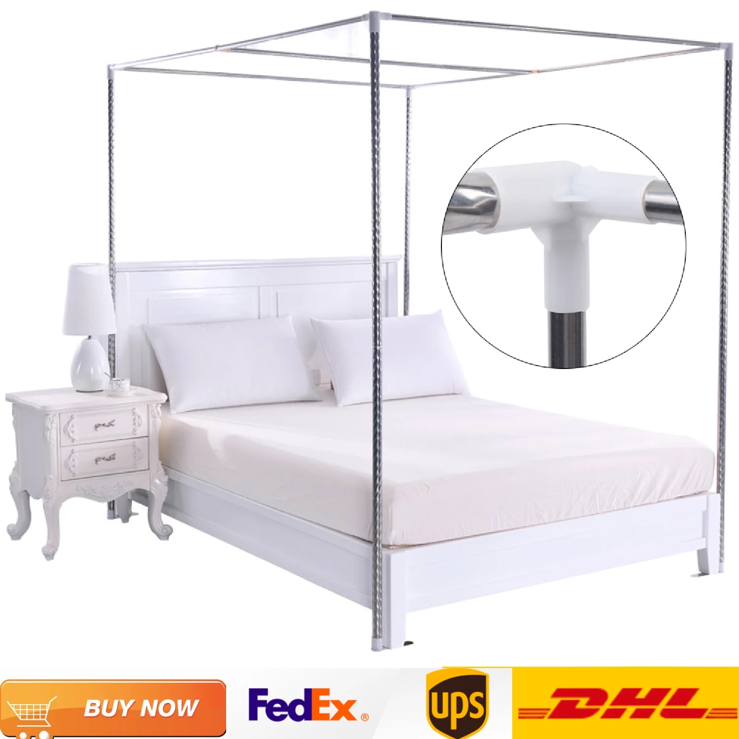 

Detachable Silver Stainless Steel Bedding Mosquito Netting Canopy Frame for Four Corner Bed for Twin/Full Size Bed