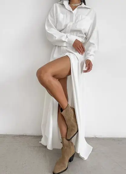 

Collar Shirt Skirt Slim Fit Dress Autumn Women's Elegant Commuting Waist Cinched Solid Color Long Sleeved A-Line Shirt Dress