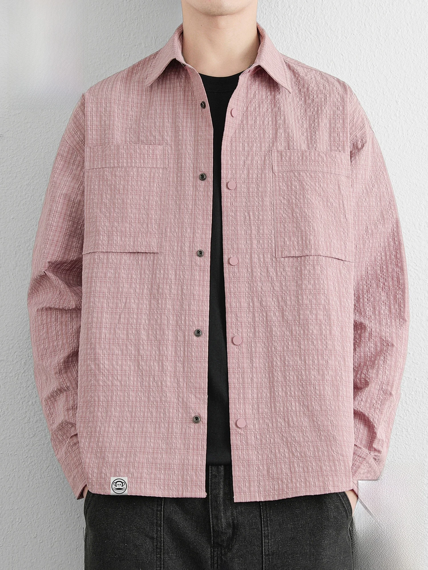 

PaulFrank Loose Fit Long Sve irt Jaet for Men Pink Spring Casual Turn-down Collar M Monkey Printed Outerwear