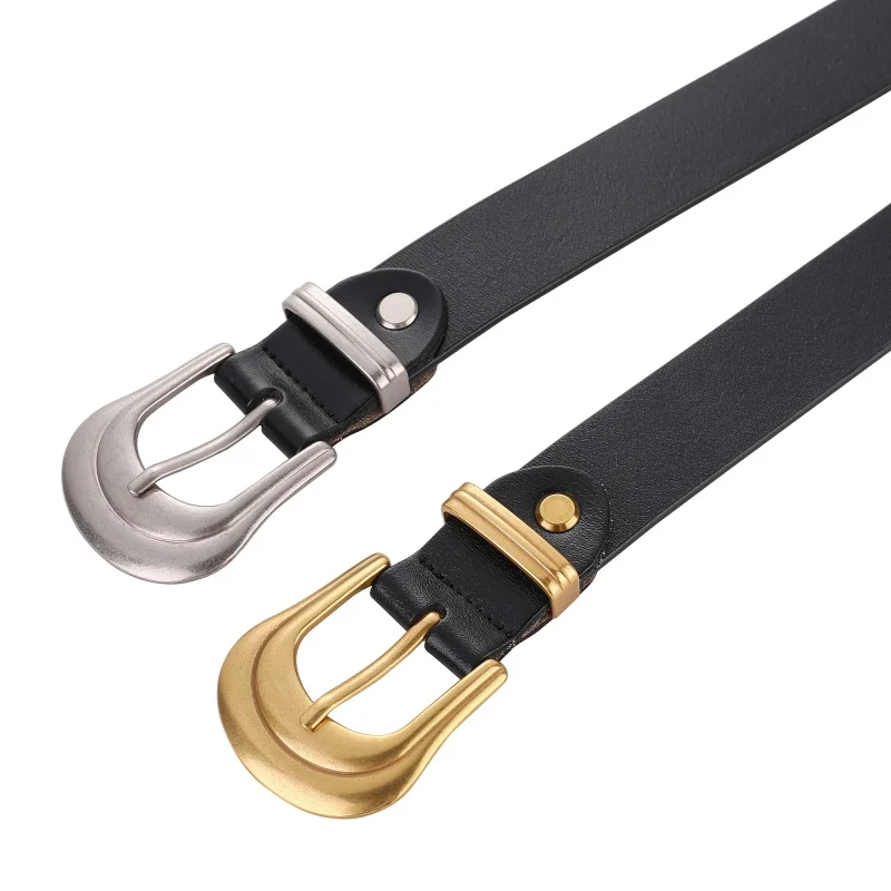 Women's Western Belt Vintage Black Genuine Leather Waist Belt for Pants Jeans with Gold Buckle