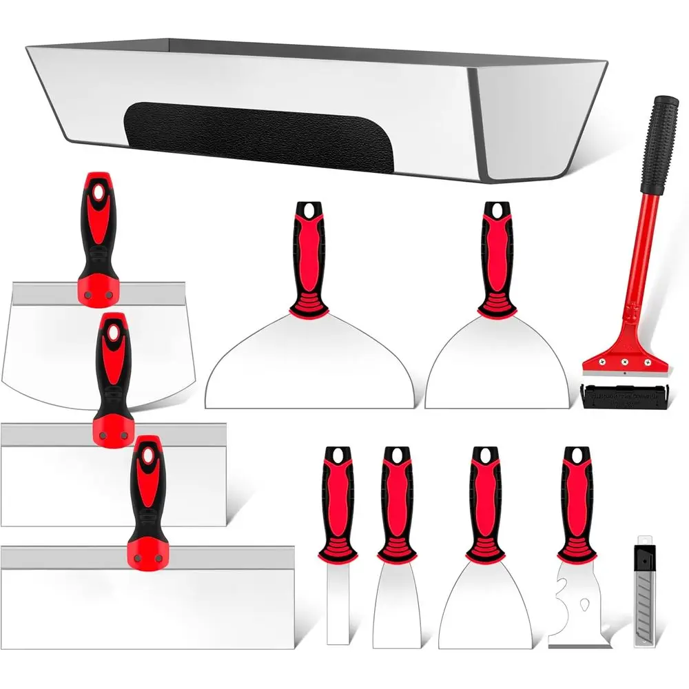 

Набор инструментов для гипсокартона, 12 шт., набор шпаклевочных изделий из нержавеющей стали с ножами 1–8 дюймов, нож для ленты 8–10 дюймов, лоток для ведра 6,5 дюйма, художник Sc 8-в-1