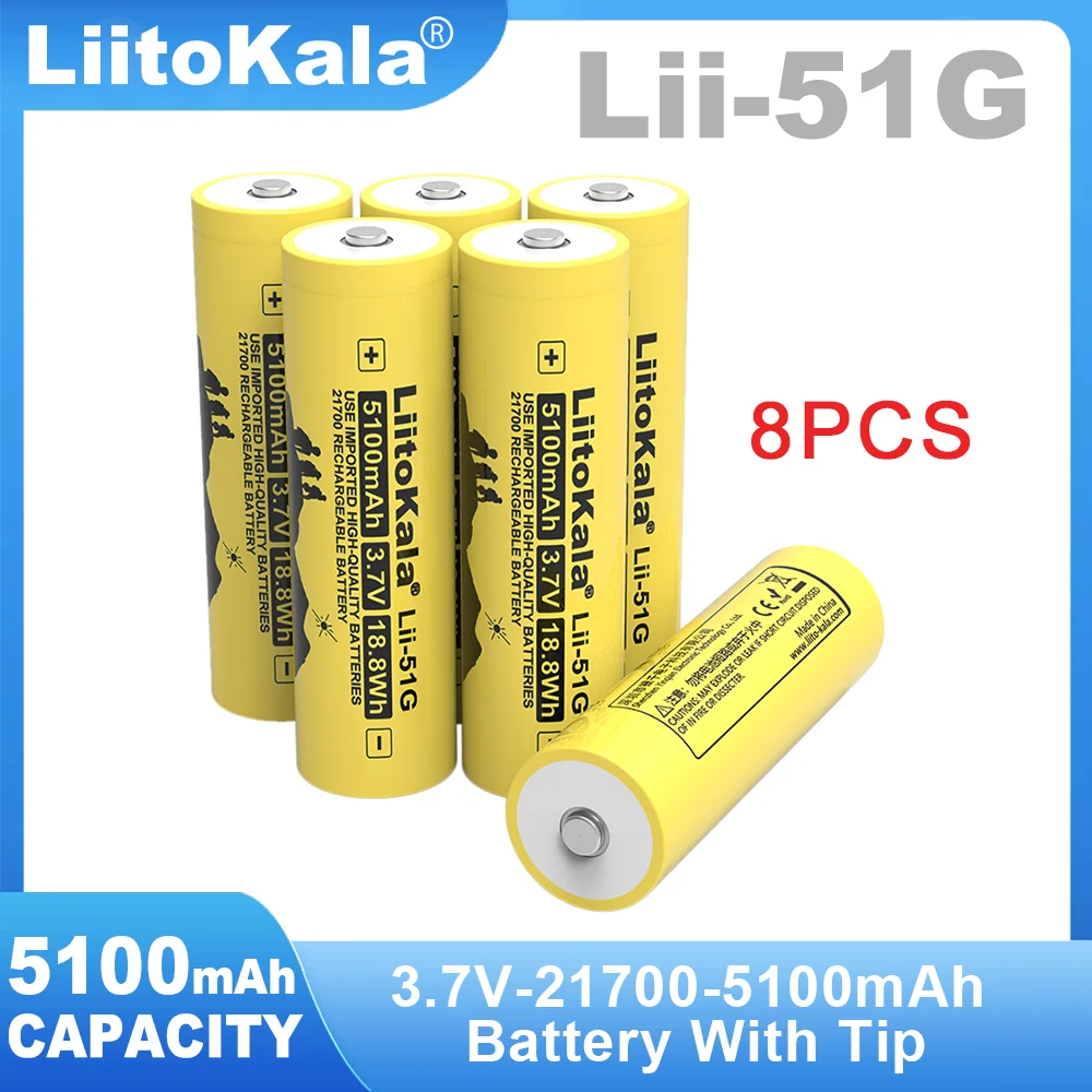 8PCS Liitokala Lii-51G Tip 3.7V 5100mAh 21700 For Flashinglight High-capacity 100% Original Lithium Battery