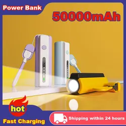 Mini Power Bank 50000mAh Built Cable Portable Mobile Phone Charger with LED Flashlight Capsule Pocket PowerBank for TypeC iPhone