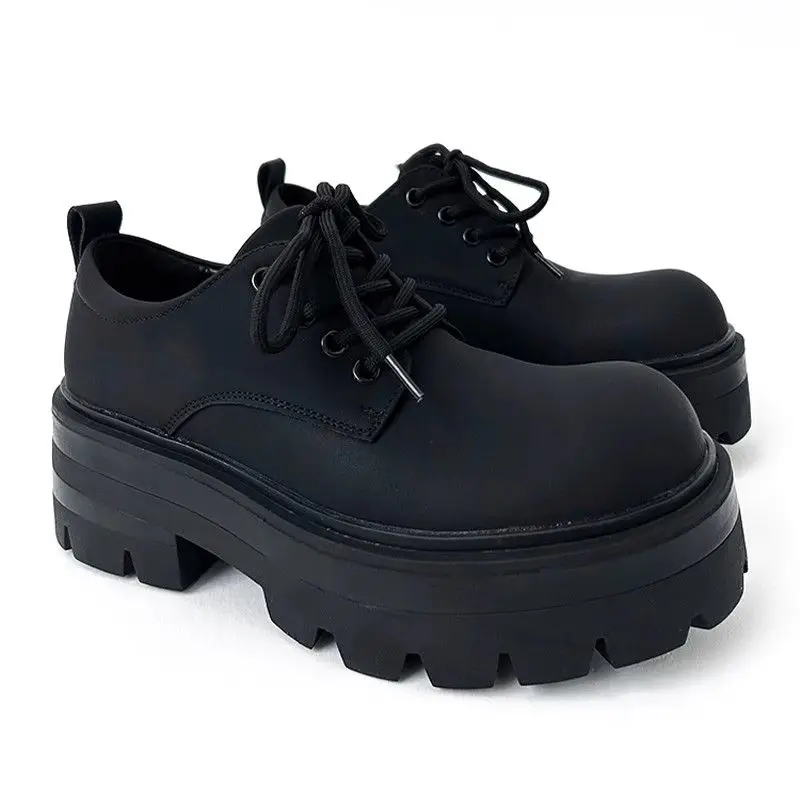 High-Grade 7cm Increased Derby Carbon Black Trendy Men\'s British-Style Thick-Soled Hair Stylist Big Head Leather Shoes