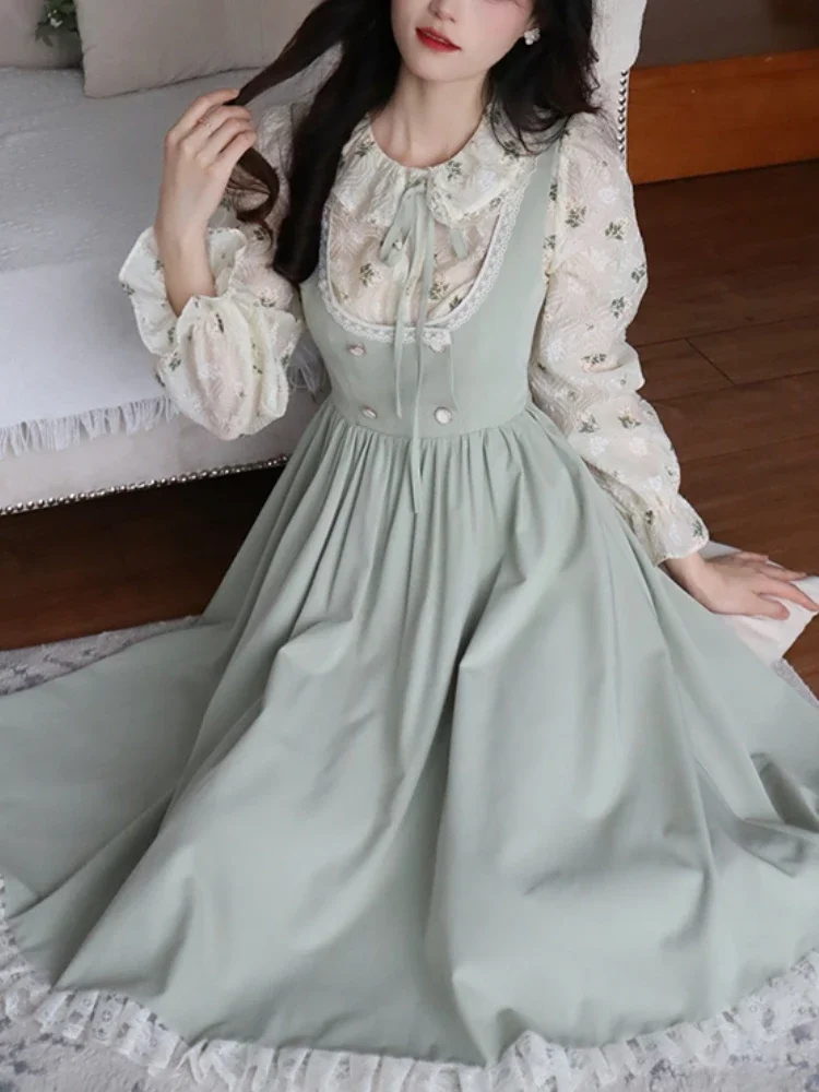 

Green Elegant Vintage Strap Dress Women 2024 Spring Lace Evening Party Midi Dresses Ladies Retro Korean Sweet Kawaii Fairy Dress