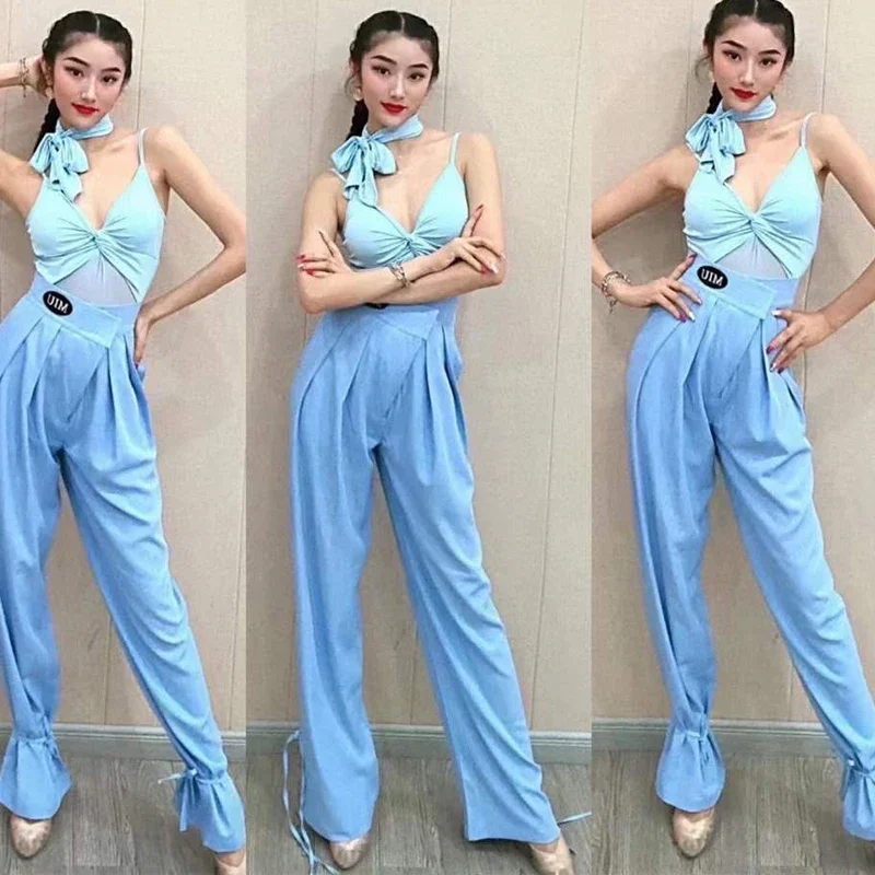 Damskie spodnie do tańca latynoamerykańskiego, spodnie z kwiatowym wzorem, spodnie do chacha, rumby, tanga, spodnie do ćwiczeń tańca towarzyskiego, kostiumy do tańca latynoamerykańskiego DN14385